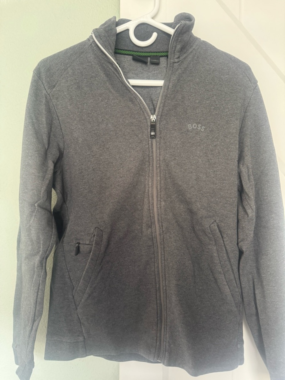 BOSS Gray Zip-Up Sweatshirt with Neon Green Accents